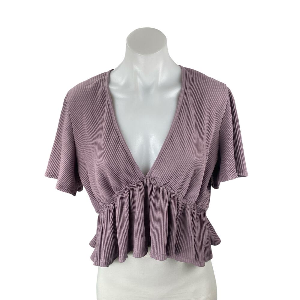 Urban Outfitters Purple Ribbed Knit Short Sleeve V Neck Peplum Blouse Top Sz XL